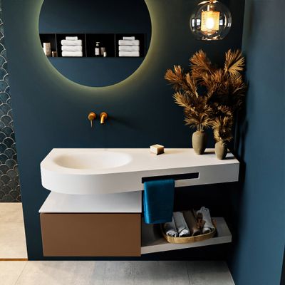 MONDIAZ RIVA 120cm badmeubel onderkast / planchet kleur Rust met 1 lade. Wastafel DULCET links 0 kraangaten kleur Talc.