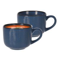 Soepkom Fishbone - 2x - blauw - 12 x 9 cm - keramiek - kommetjes met oor - 560 ml
