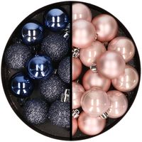 36x stuks kunststof kerstballen donkerblauw en lichtroze 3 en 4 cm - thumbnail