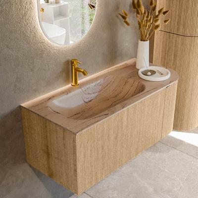 Badmeubel Mondiaz Kurve-Dlux | 105 cm | Meubelkleur Oak | Wastafelkleur Arena | Solid surface | Wasbak linker zijde spoelbak | 1 kraangat