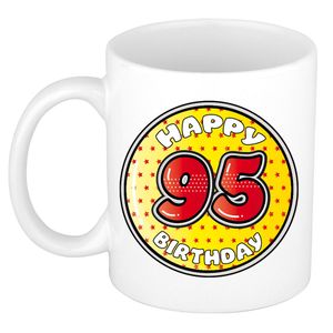 Verjaardag cadeau mok - 95 jaar - geel - sterretjes - 300 ml - keramiek