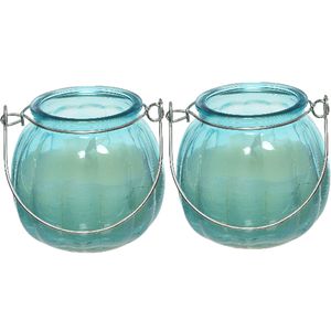 2x citronella kaarsen in glas - 15 branduren - D8 x H8 cm - blauw