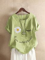 Sun Flower Alphabet Printed Cotton Blended Casual Short Sleeve Top