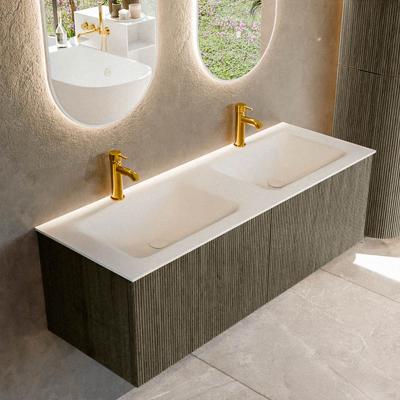Badmeubel Mondiaz Kurve | 130 cm cm | Meubelkleur Shadow | Wastafelkleur Talc | Solid surface | Wasbak beiden zijden spoelbak | 2 kraangaten