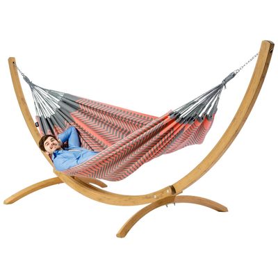 Tweepersoons hangmat met houten standaard - 350x160cm -Roze - 160kg draagkracht- 100% katoen - binnen & buiten