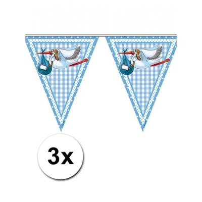 Folat geboorte baby vlaggetjes - 3x - jongen - blauw - 10 meter - vlaggenlijnen - versiering
