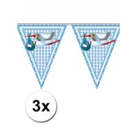 Folat geboorte baby vlaggetjes - 3x - jongen - blauw - 10 meter - vlaggenlijnen - versiering