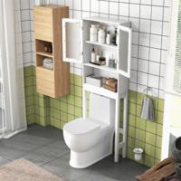 Toiletopbergkast Toiletrek met Verstelbare plank Open Opbergruimte en Matglazen Deuren Vrijstaand Badkamerrek Wit