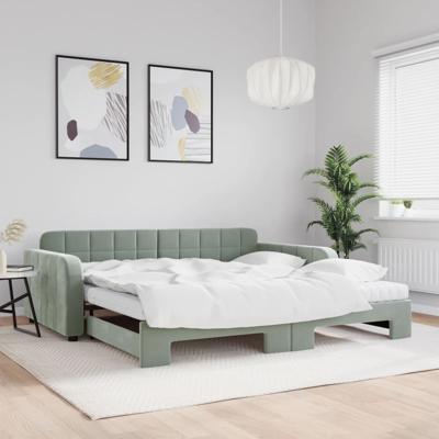 Slaapbank onderschuifbed matrassen 100x200cm fluweel lichtgrijs