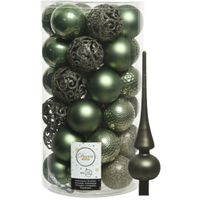 37x stuks kunststof kerstballen 6 cm incl. matte glazen piek mosgroen - thumbnail