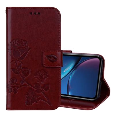 Rose reliëf horizontale Flip PU lederen case voor iPhone XR met houder & kaartsleuven & portemonnee (bruin)