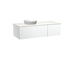 Storke Edge zwevend badkamermeubel 130 x 52 cm mat wit met Tavola asymmetrisch linkse wastafel in matte Solid Surface