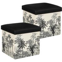 Poef/krukje/hocker Palmtrees - 2x - Opvouwbare zit opslag box - creme wit/zwart - D39 x H39 cm - thumbnail