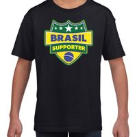 Brazilie / Brasil schild supporter t-shirt zwart voor kinderen - thumbnail