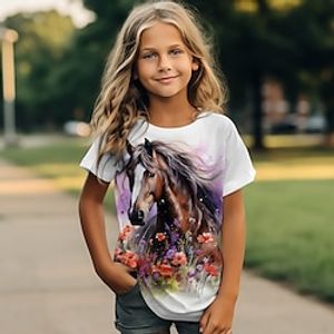 Voor meisjes 3D Paard T-shirt Overhemd Korte mouw 3D-afdrukken Zomer Actief Modieus leuke Style Polyester Kinderen 3-12 jaar Strakke ronde hals Buiten Casual Dagelijks Normale pasvorm Lightinthebox