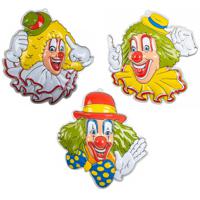 Carnaval/party decoratie borden - 3x Clown hoofden - wand/muur versiering - 50 x 50 cm - plastic - thumbnail