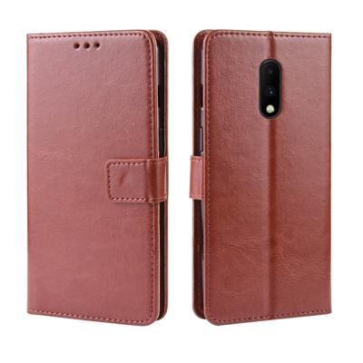 Retro Crazy Horse textuur horizontale Flip lederen case voor OnePlus 7 met houder & kaartsleuven & fotolijstjes (bruin)