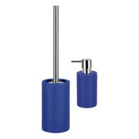 Badkamer accessoires set - WC-borstel/zeeppompje - porselein - donkerblauw