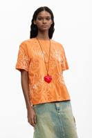 T-shirt met geborduurde bloemen - ORANGE - M