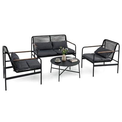 4-Delige Tuinset Loveseat & 2 Fauteuils met Salontafel Metalen Frame Kussens PE-Rotan Buitenbank