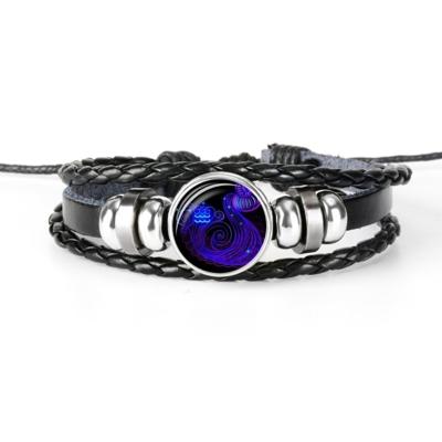 12 sterrenbeeld zwart gevlochten lederen glazen koepel Punk mannen Bracelet(Aquarius)