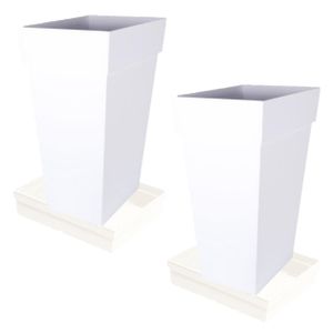 Set van 2x stuks bloempotten Toscane vierkant kunststof wit 43 x 43 x 80 cm inclusief onderschalen