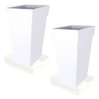 Set van 2x stuks bloempotten Toscane vierkant kunststof wit 43 x 43 x 80 cm inclusief onderschalen