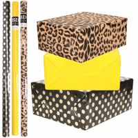9x Rollen kraft inpakpapier/folie pakket - panterprint/geel/zwart met gouden stippen 200 x 70 cm - Cadeaupapier - thumbnail