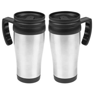Thermosbeker/warmhoudbeker Koffie To Go - 2x - zilver/zwart - 450 ml - koffie/thee bekers - dubbelwa
