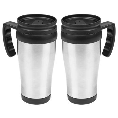 Thermosbeker/warmhoudbeker Koffie To Go - 2x - zilver/zwart - 450 ml - koffie/thee bekers - dubbelwa