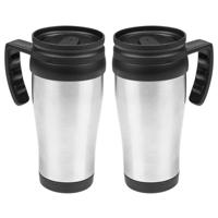 Thermosbeker/warmhoudbeker Koffie To Go - 2x - zilver/zwart - 450 ml - koffie/thee bekers - dubbelwa