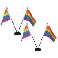 Regenboog Pride tafelvlaggetjes set 2x - dubbel op 1 standaard - 10 x 15 cm mini vlaggen