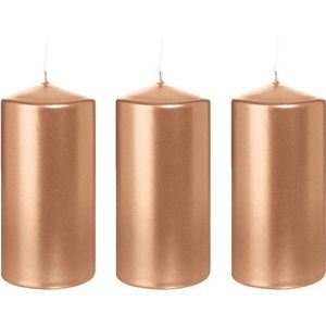 3x Rosegouden cilinderkaarsen/stompkaarsen 6x12 cm 40 branduren