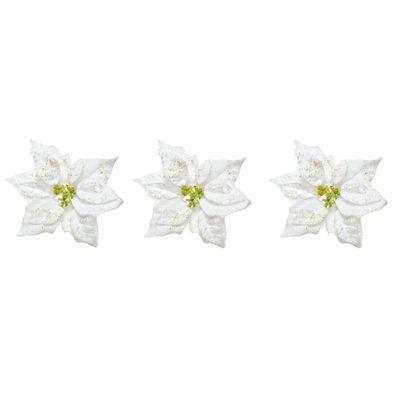 3x stuks decoratie bloemen kerstster wit glitter op clip 20 cm