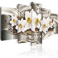 Schilderij - Bloemen op zilver , wit zilver look , 5 luik