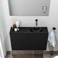 Zaro Polly toiletmeubel 80cm mat zwart met zwarte wastafel zonder kraangat rechts - thumbnail