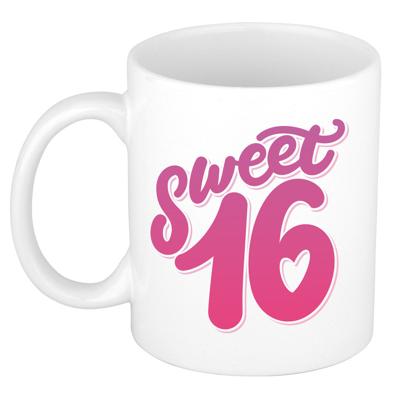 Sweet 16 verjaardag cadeau - koffiemok - drinkbeker - 16 jaar geworden - wit - 300 ml