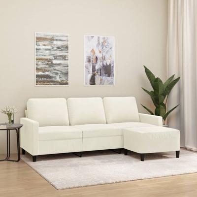 Driezitsbank met voetenbank 180 cm fluweel crèmekleurig