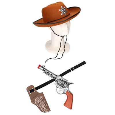 Funny Fashion Verkleed cowboy hoed - bruin- met holster en een revolver - voor kinderen - carnaval