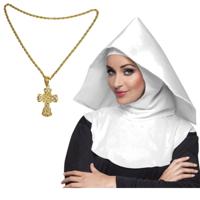 Nonnen verkleed setje - hoofdkap kraag en gouden kruis aan ketting - Verkleedkleding - Vrijgezellenf Nonnen verkleed setje - hoofdkap kraag en gouden kruis aan ketting - Verkleedkleding - Vrijgezellenf