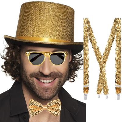 Carnaval Verkleedset - bretels/bril/strik en hoed - goud - disco/seventies/80's - themafeest