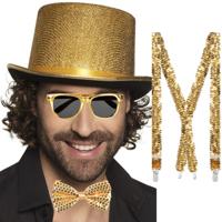 Carnaval Verkleedset - bretels/bril/strik en hoed - goud - disco/seventies/80's - themafeest Carnaval Verkleedset - bretels/bril/strik en hoed - goud - disco/seventies/80's - themafeest