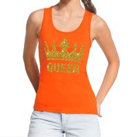 Koningsdag Queen topje/shirt oranje met gouden glitters dames XL  -