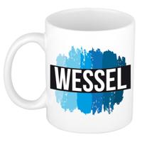 Wessel naam cadeau koffie mok - beker - met blauw verfstrepen - Cadeau collega - vaderdag