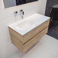 Mondiaz Vica Moon badmeubel eiken licht 100 cm 2 lades solid surface enkele spoelbak links zonder kraangat