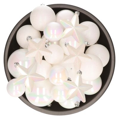Kerstversiering kunststof kerstballen parelmoer wit 6-7-8-10 cm pakket van 32x stuks