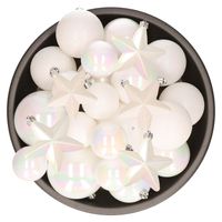 Kerstversiering kunststof kerstballen parelmoer wit 6-7-8-10 cm pakket van 32x stuks