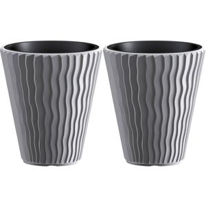 Prosperplast Plantenpot/bloempot Sand Waves - 2x - buiten/binnen - kunststof - steengrijs - D39 x H43 cm - Plantenpotten