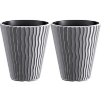 Prosperplast Plantenpot/bloempot Sand Waves - 2x - buiten/binnen - kunststof - steengrijs - D39 x H43 cm - Plantenpotten