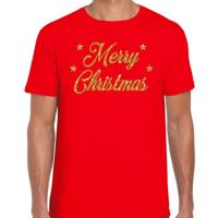 Foute Kersttrui t-shirt - Merry Christmas - rood - met gouden glitter letters - heren